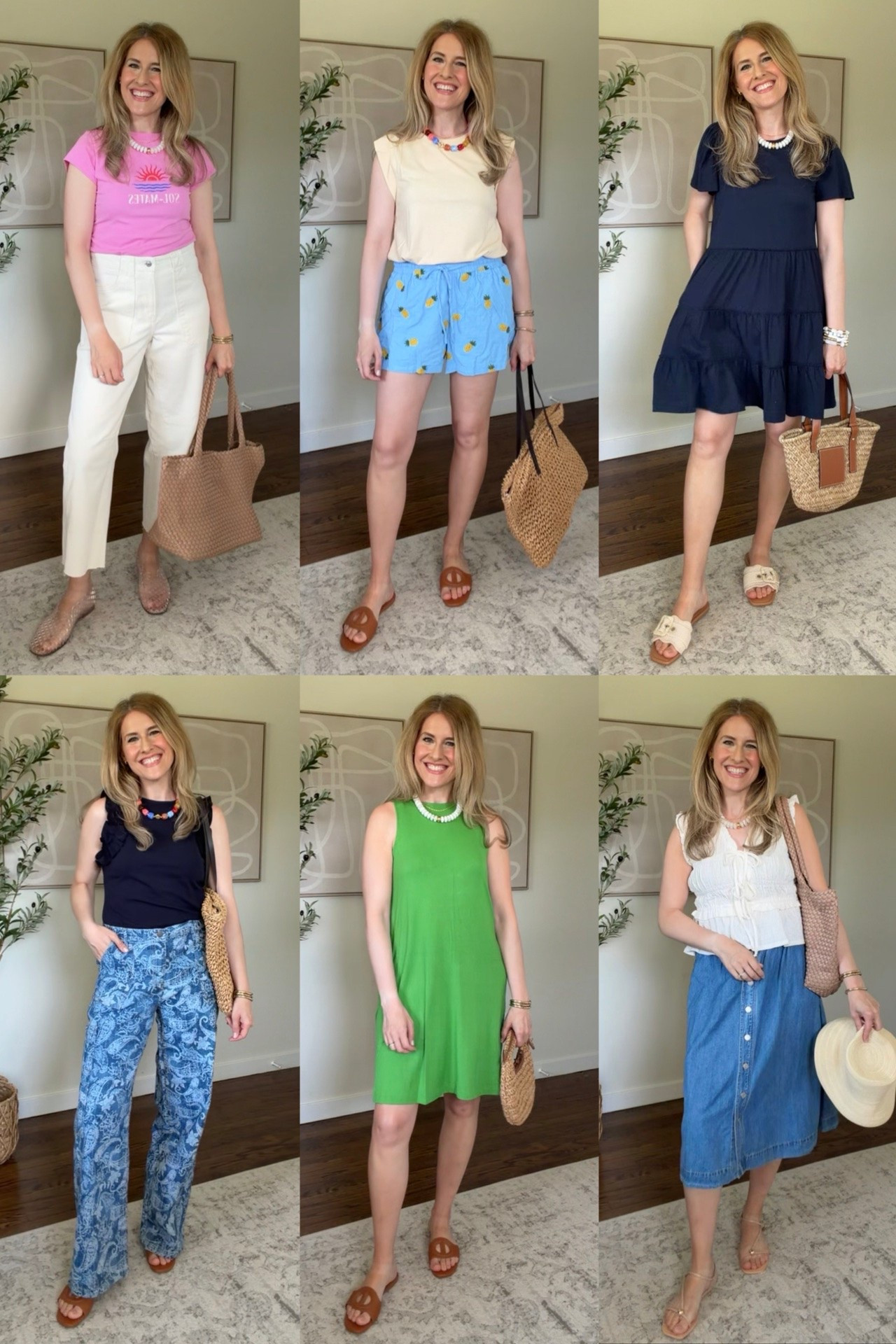 Walmart summer outfits in stock! I’m between a small and medium and got the medium in the pink tee, yellow tank, pineapple shorts, blue tank, navy dress and dress dress. I got a small in the white plum top, stayed tts 6 in the white jeans and small in the cargo pants and denim skirt. #walmartfashion

#LTKOver40