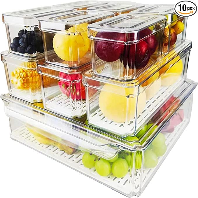 Yustuf 10-pack Clear Stackable Refrigerator Organizer Bins with 4 liners, Plastic Pantry Organiza... | Amazon (US)