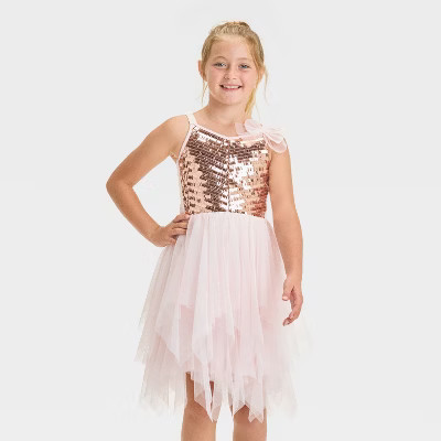 Zenzi Girls' Satin Strap Sequin Bodice Tulle Skirt Dress - Rose Gold L | Target