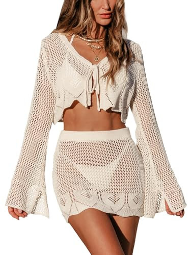 CUPSHE Women Crochet Swimsuit Cover Up Set Long Sleeve 2 Piece Summer Bathing Suit Beach Outfit Khaki, XL | Amazon (US)