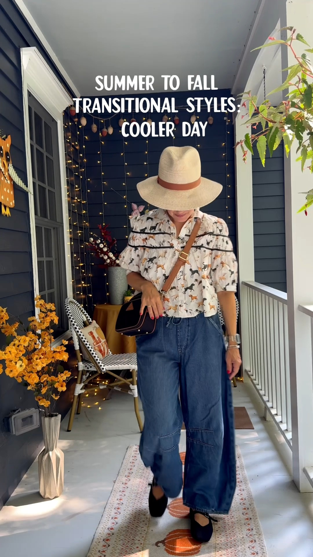 Transitional styles, outfit from summer to fall! 
Fallish dog print blouse is older Anthropologie. Wore it with shorts and sandals, to Gap jeans with Mary Jane flats, to loafers and a wrap sweater from Aritiza.

#LTKootd #LTKSeasonal #LTKOver40