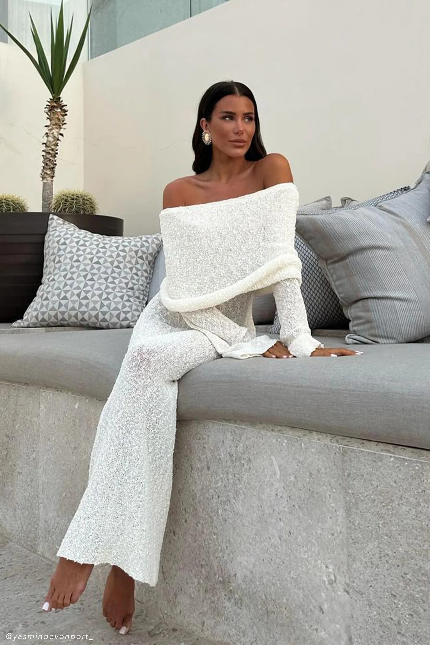 Marisol Off Shoulder Boucle Maxi Dress - Ivory | MESHKI US