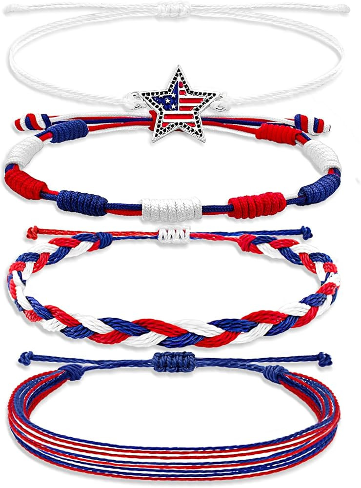 Red White and Blue 4th of July String Bracelets for Women Adjustable Anniversary Usa American Fla... | Amazon (US)