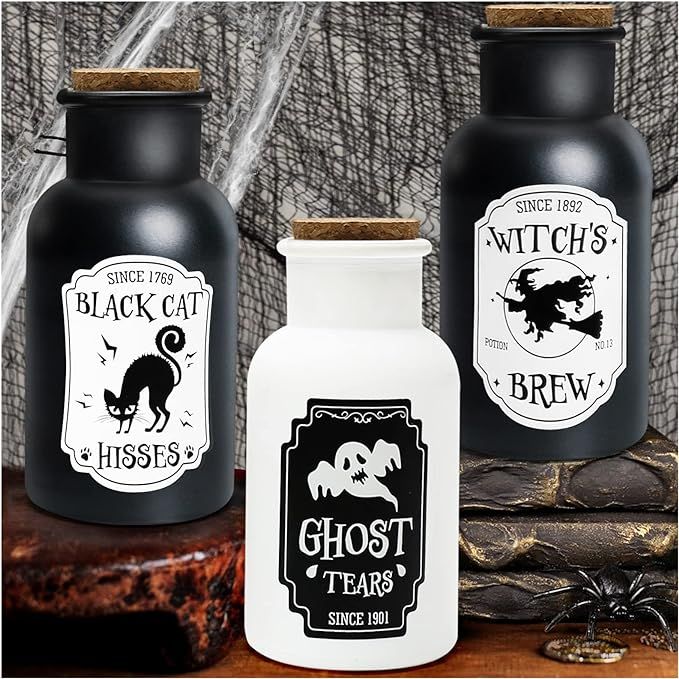 Halloween Decor - Halloween Decorations Indoor - Set of 3 Apothecary Potion Bottles - Black And W... | Amazon (US)