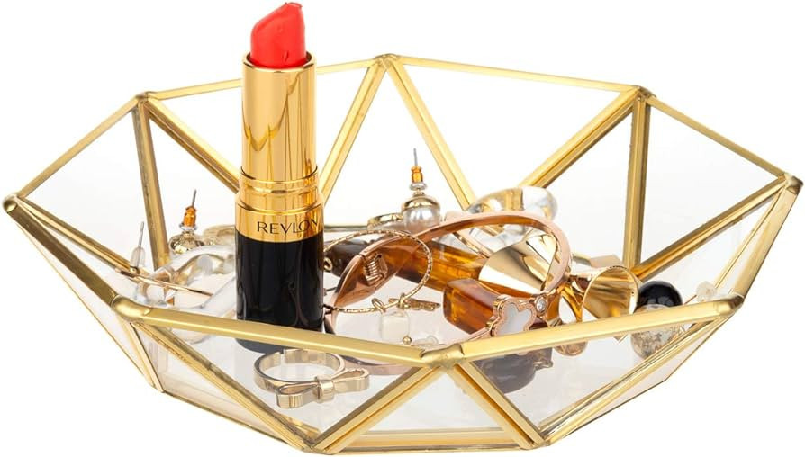 Feyarl Gold Clear Glass Jewelry Trinket Tray Dish Plate Ornate Ring Earring Cosmetic Vanity Decor... | Amazon (US)