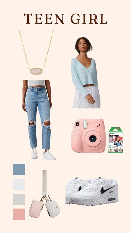 Teen girl outfit, gift guide for teen, cozy outfit - light blue sweater, ripped mom jeans, Nike, pink camera, rose quartz Kendra Scott necklace 

#LTKGiftGuide #LTKHoliday #LTKstyletip