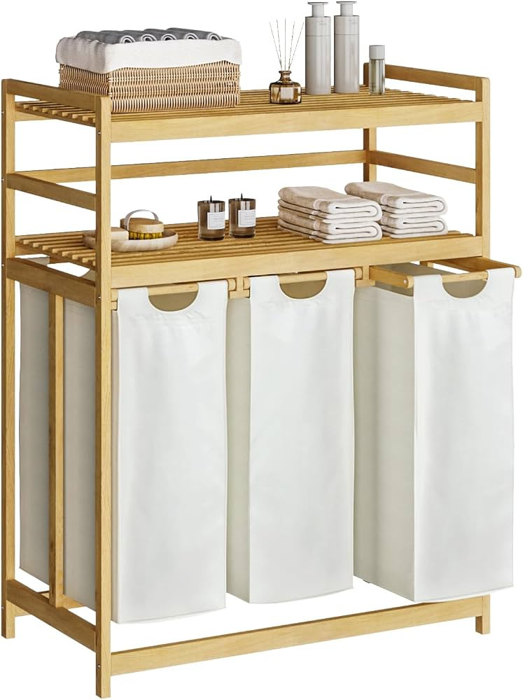 Bamboo Laundry Hamper with Shelf 150L, 2-Tier Laundry Basket | Amazon (US)