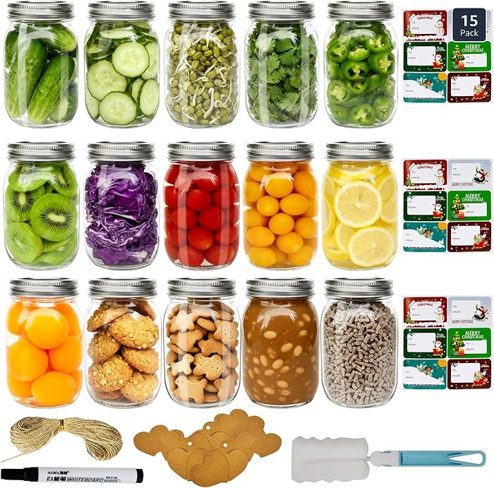 Mason Jars 16 oz with Lids, 15 Regular Canning Jars with Sealing Lids and Bands, Pint Canning Jar... | Amazon (US)