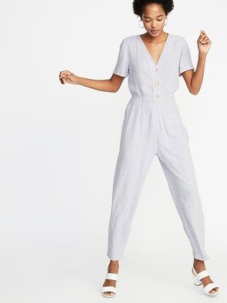Waist-Defined Striped V-Neck Button-Front Jumpsuit for Women | Old Navy US