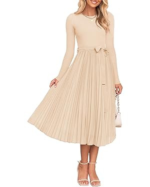 ZESICA Women's Fall Long Sleeve Midi Dress Casual Crewneck Knit Belted Pleated A Line Flowy Sweat... | Amazon (US)