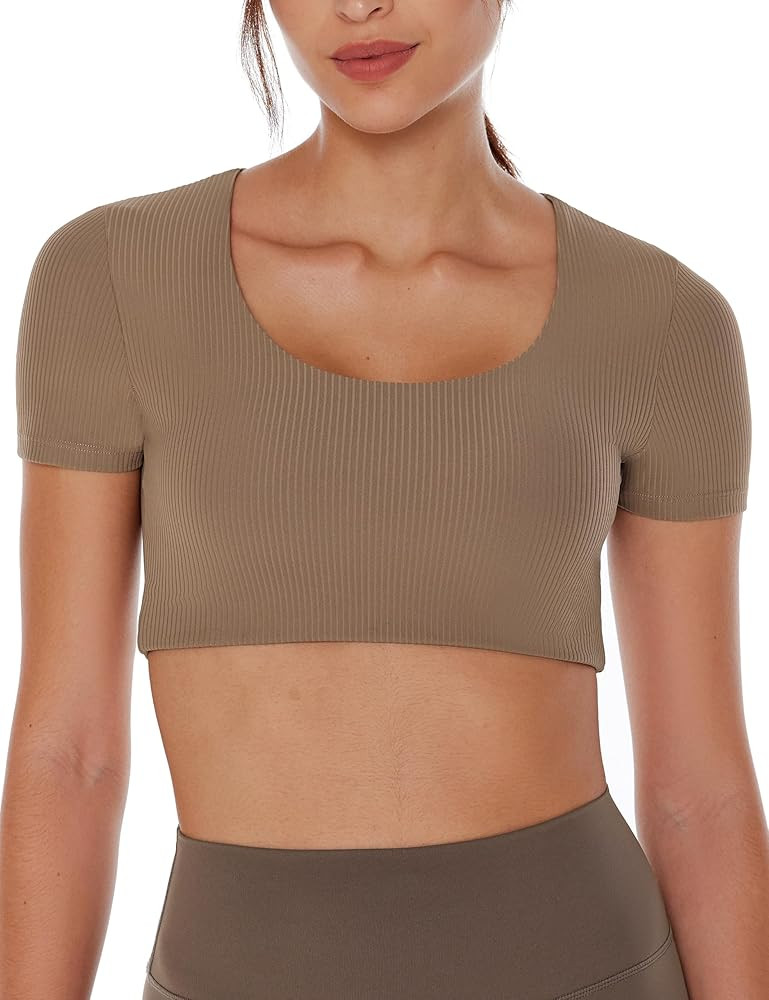 ENERBLOOM Women's Workout Crop Tops Yoga Short Sleeve Ribbed Fitted Mild Support Cream Feeling T ... | Amazon (US)