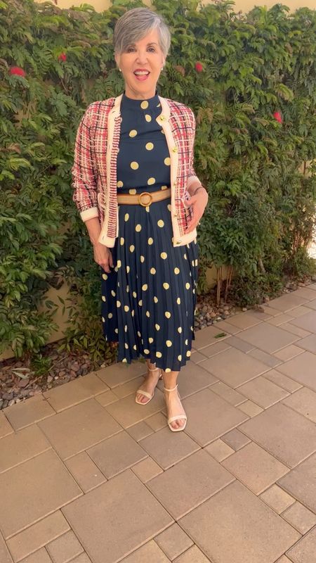 Mixing patterns! Fun polka dot dress (almost sold out 😞, but REALLY CUTE OPTIONS ADDED BELOW!), Ann Taylor knit plaid jacket (S)/ JMcLaughlin belt / Sexy and comfy razor heel Ann Taylor sandal (8)
#styletip #ltkunder50

#LTKshoecrush #LTKSale #LTKSeasonal