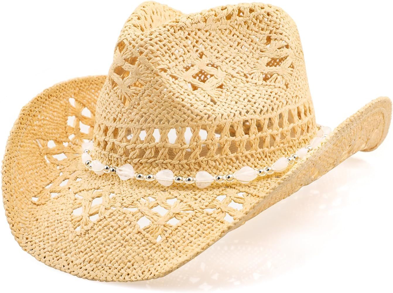 WQWOVRVO Cowboy Hat,Cowgirl Hat,Cowboy Hats for Women/Mens/Straw Wide with Shapeable Brim Cowboy ... | Amazon (US)