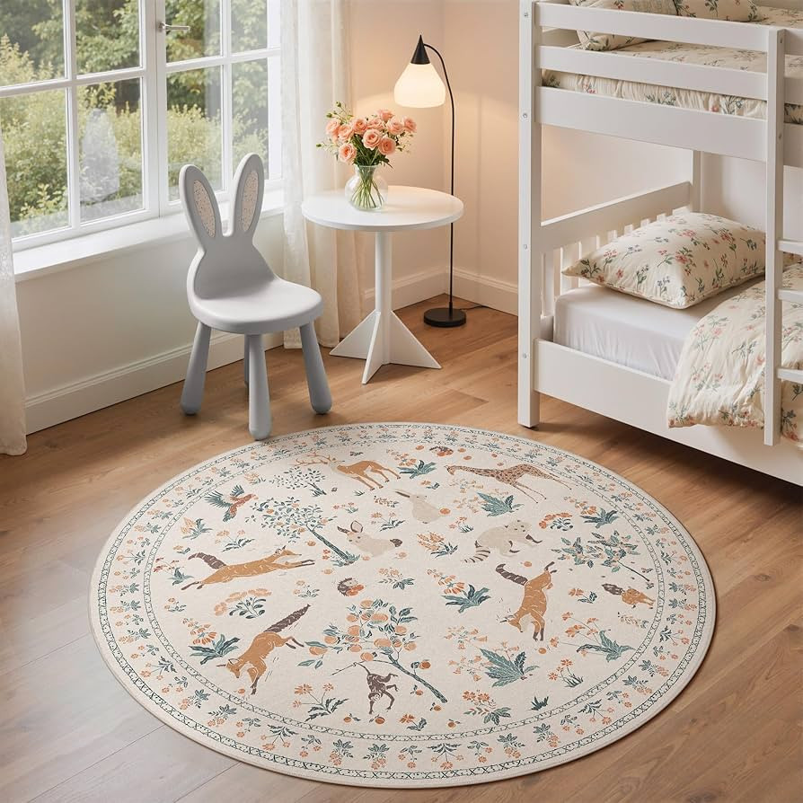 BESBLEE 5FT Round Rug, Animal Print Machine Washable Floral Low Pile Non-Shedding Pet Friendly Ci... | Amazon (US)