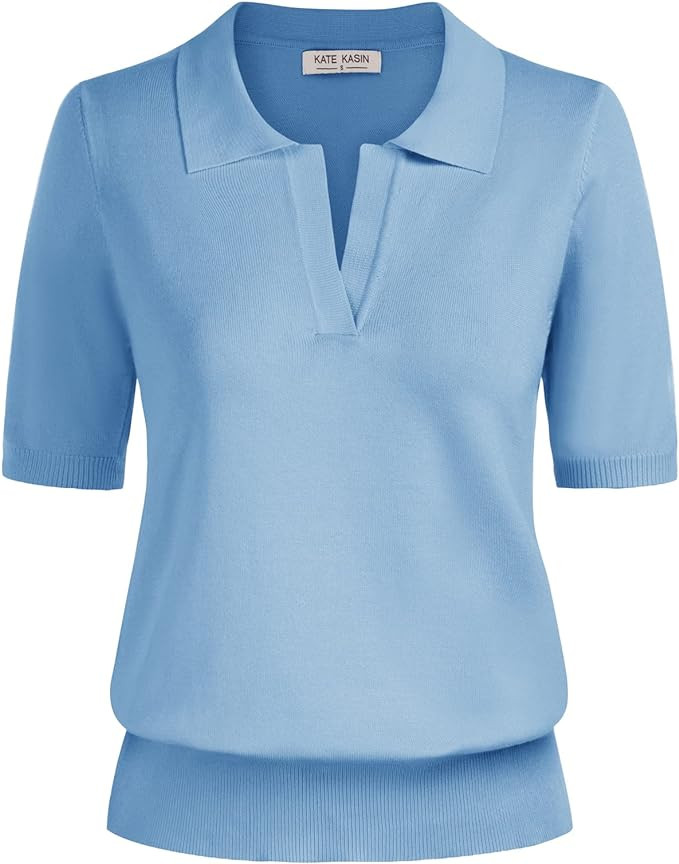 Kate Kasin Women Short Sleeve Polo Sweater V Neck Knitted Tops Casual Ribbed Shirt Loose Pullover... | Amazon (US)