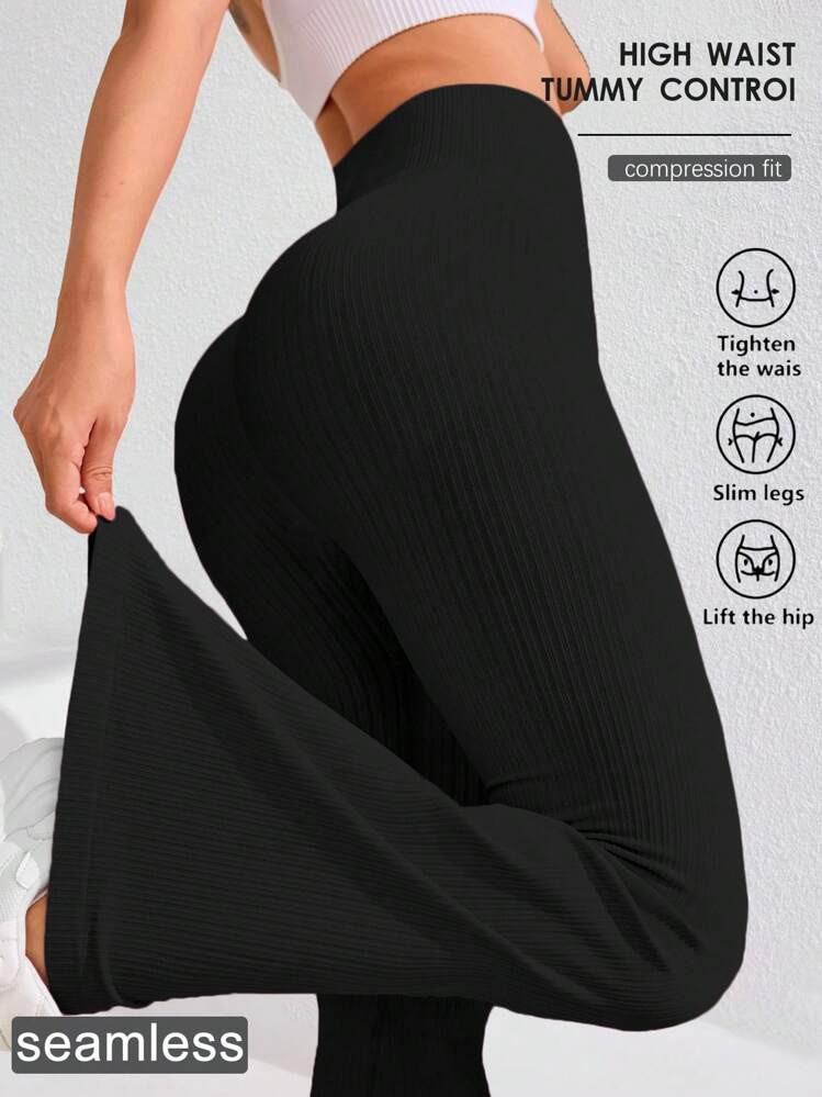Dewbera Women's Solid Color High Waist Everyday Fitness Seamless Sports Yoga Leggings Flare Leggings Flare Yoga Pants Wide Leg Leggings High Waist Tummy Control Leggings Seamless Flare Leggings Seamless Leggings High Waisted Leggings Tummy Control | SHEIN
