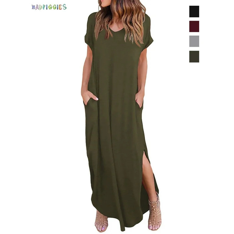 BadPiggies Short Sleeve Loose Maxi Dress with Pockets, Plain Casual Ankle Length Long Dress V Nec... | Walmart (US)