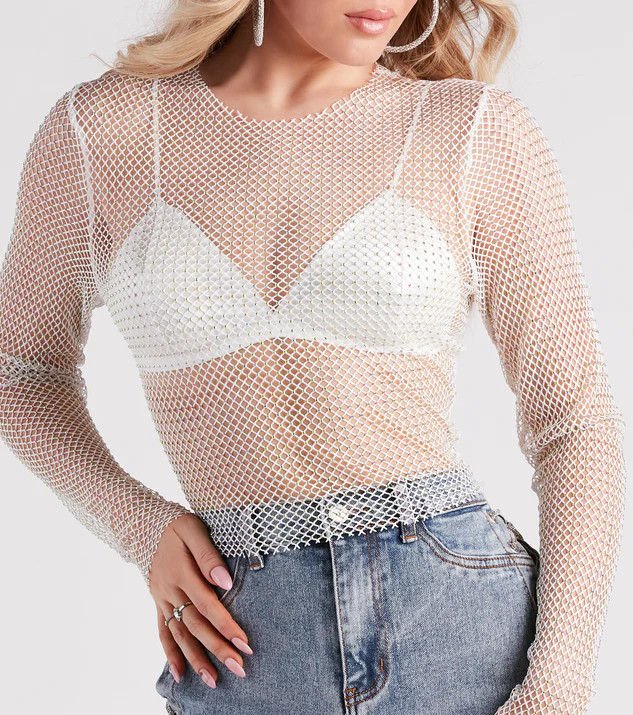 Glitzy Muse Rhinestone Fishnet Crop Top | Windsor Stores