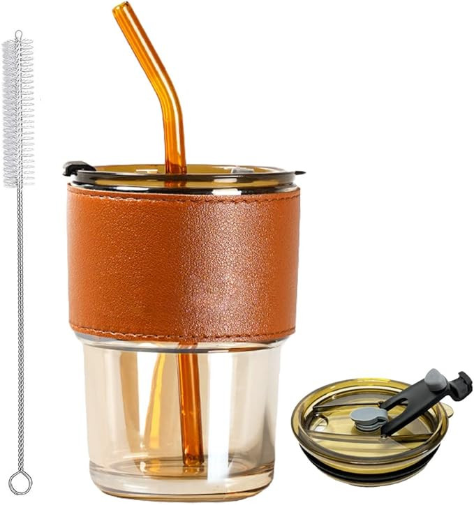 OURASHERO 15oz Glass Tumbler Cup with Lid & Straw, Leak-Proof Clear Reusable Glass Cups Smoothie ... | Amazon (US)