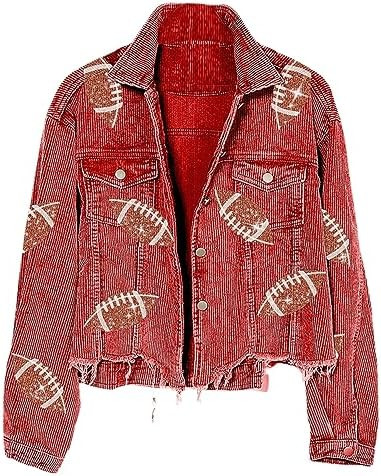 Xunger Women’s Football Corduroy Sequin Jacket Cropped Distresses Rugby Patched Shacket Coat | Amazon (US)