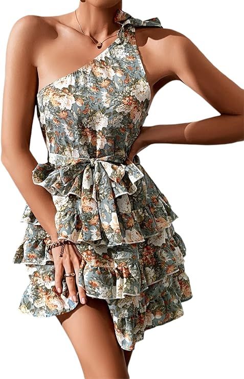 MakeMeChic Women's Floral One Shoulder Sleeveless Layered A Line Short Summer Dress | Amazon (US)