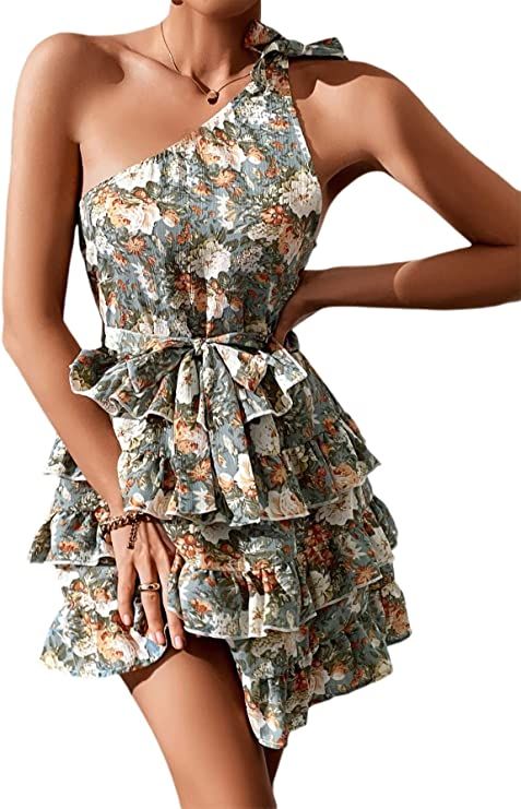 MakeMeChic Women's Floral One Shoulder Sleeveless Layered A Line Short Summer Dress | Amazon (US)
