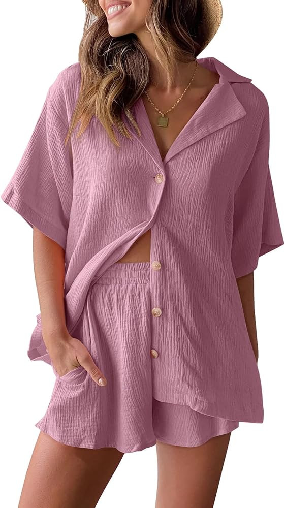 AUTOMET 2 Piece Outfits For Women Lounge Sets Pajama Sets Long Sleeve Button Down Oversized Shirt... | Amazon (US)