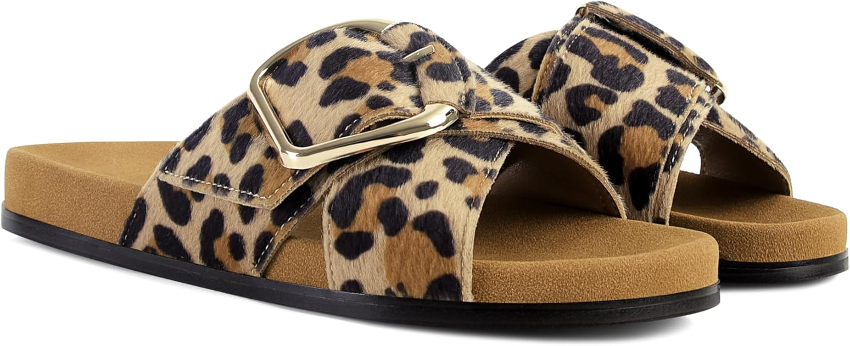 Flat Sandals for Women Comfortable Slide Sandals Summer Suede Leather Slides Vacation Beach Shoes | Amazon (US)