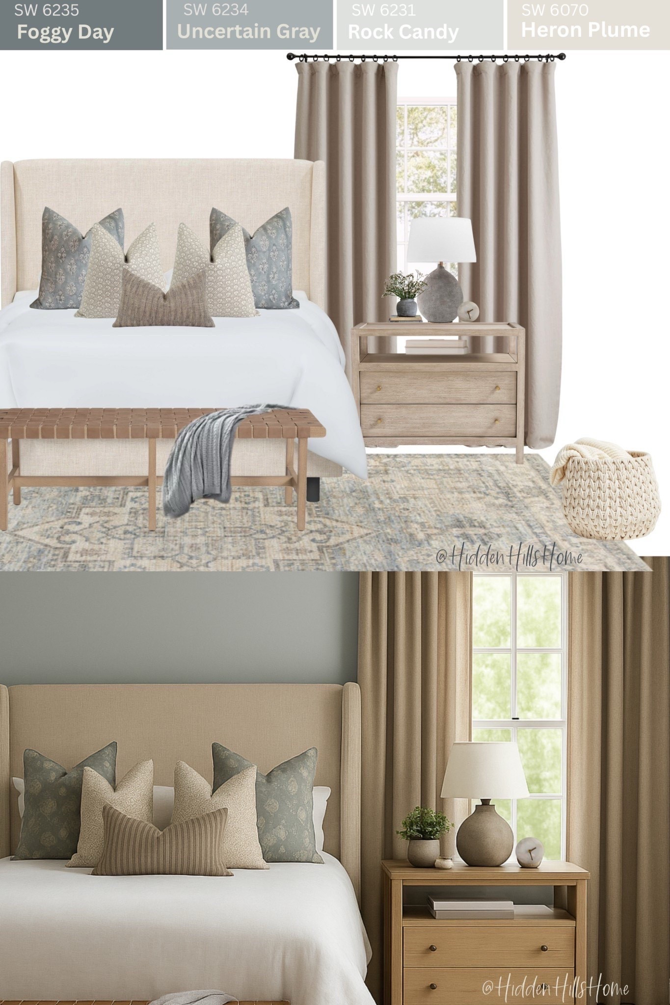 Bedroom decor, primary bedroom decor mood board, master bedroom, coastal bedroom design, bedding, nightstands, bedroom design, home decor, modern coastal master bedroom Inspo #bedroom #coastal

Wall color is SW Uncertain Gray in the rendering 

#LTKHome #LTKSaleAlert #LTKSeasonal