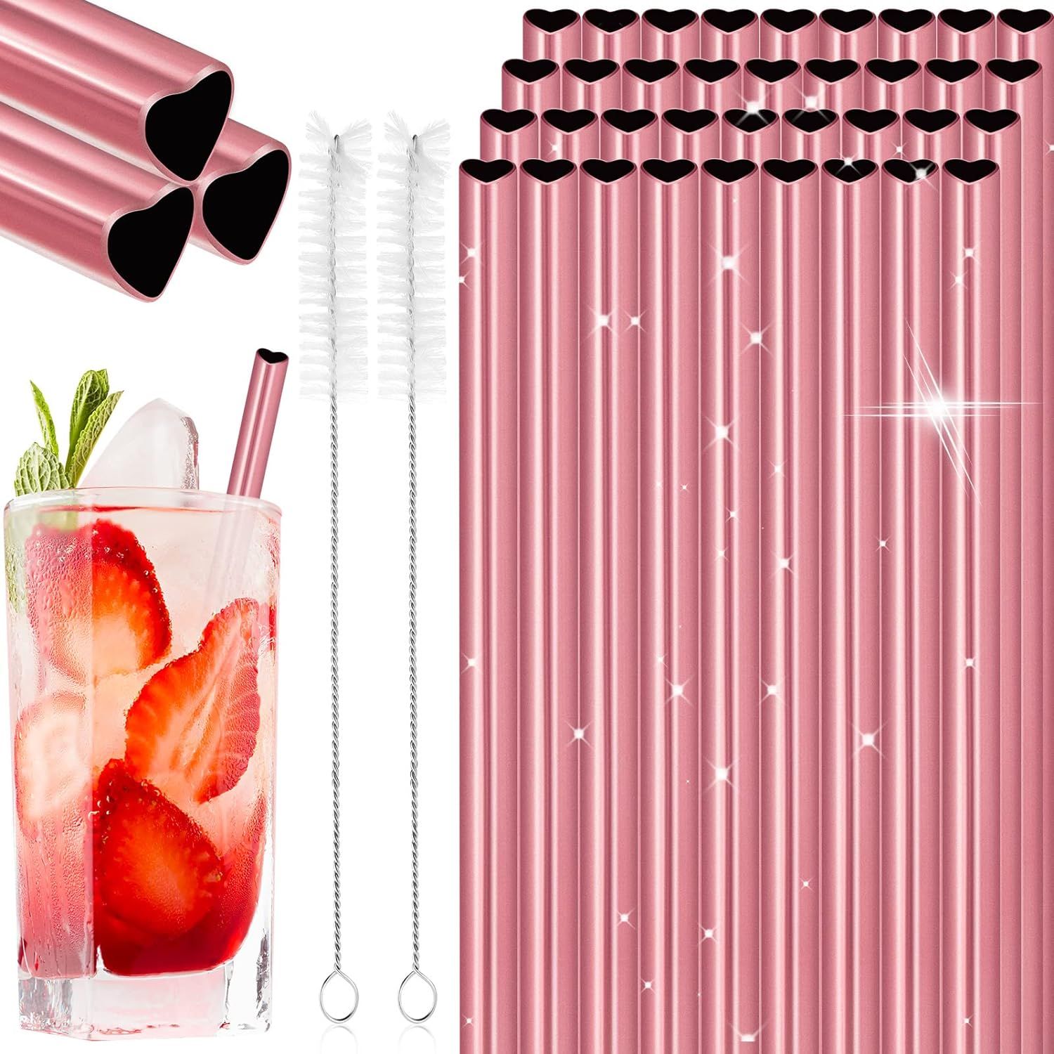 36 Pack Heart Shape Metal Straws Reusable Stainless Steel Drinking Straws with 4 Cleaning Brushes... | Amazon (US)