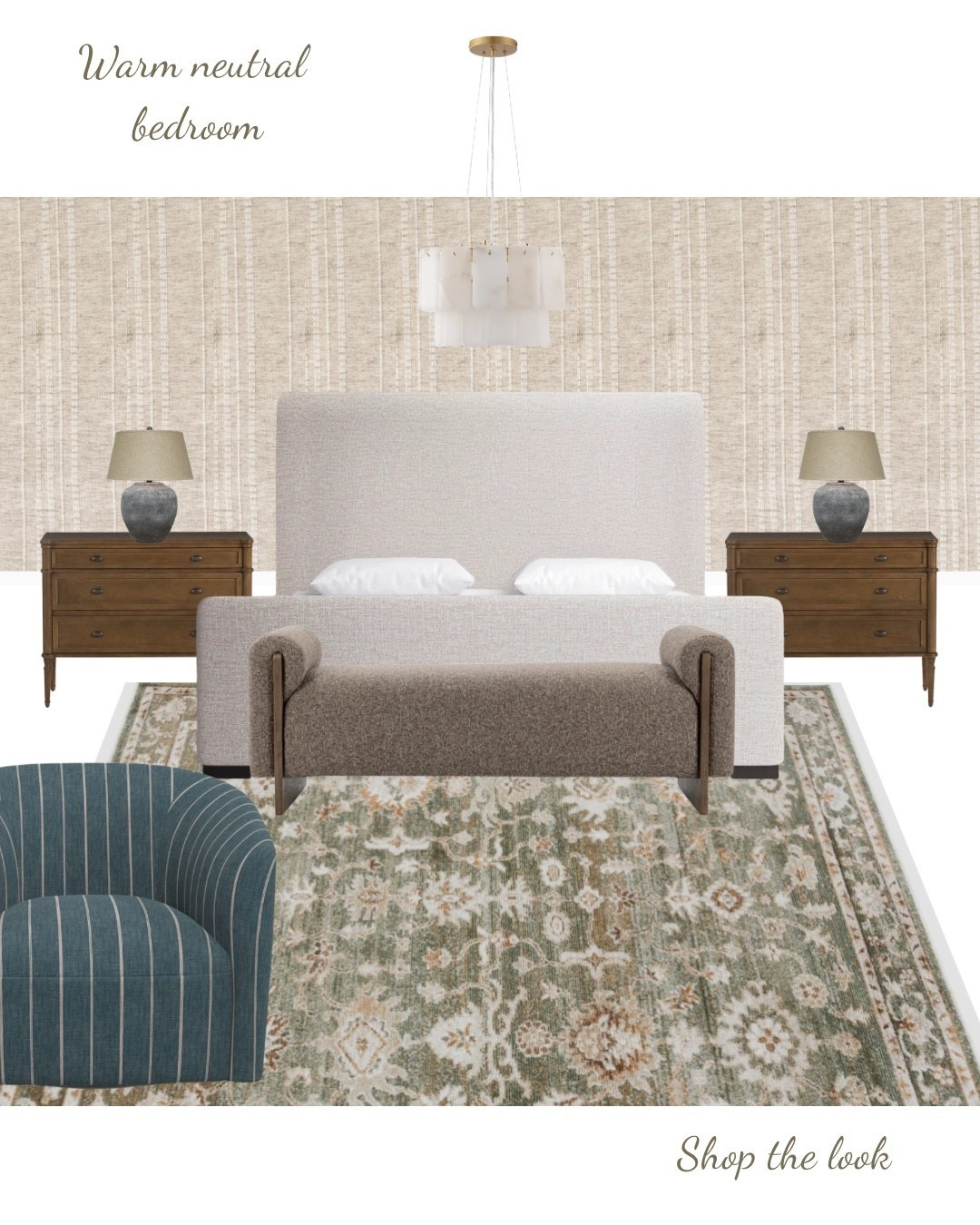 This warm neutral bedroom is built around a classic upholstered bed, a softly patterned rug for warmth, and simple wood accents to keep it grounded. I like using a neutral wall treatment as texture instead of bold color, then adding contrast through shape and pattern rather than more decor. The chair brings in a touch of color without overpowering the space. All pieces are linked below so you can mix and match for your own home.


#LTKHome