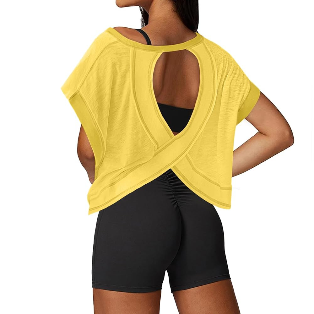 Open Back Workout Tops for Women Loose Fit Athletic Crop Tee Short Sleeve Gym Running Yoga Shirt | Amazon (US)