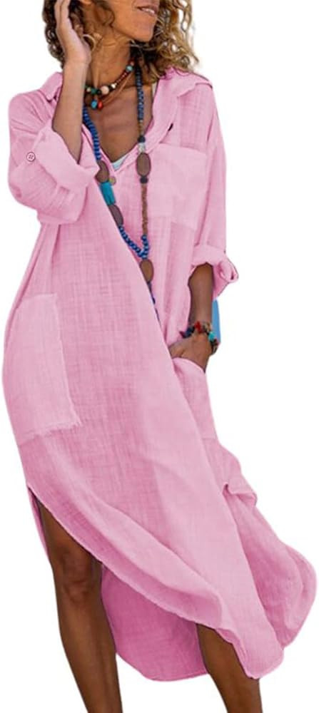 utcoco Womens Casual Loose Cotton Linen Long Shirt Dress Lapel Button Cuffed Sleeve Side Split Dr... | Amazon (US)