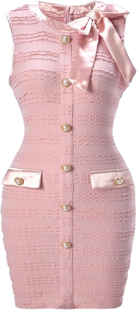 Women's Elegant Bow Button Front Dress Summer Crew Neck Bodycon Mini Work Cocktail Party Dresses | Amazon (US)