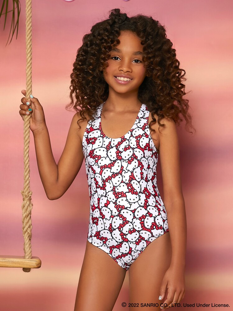 SHEIN X Hello Kitty and Friends Girls Cartoon Graphic Cross One Piece Swimsuit | SHEIN