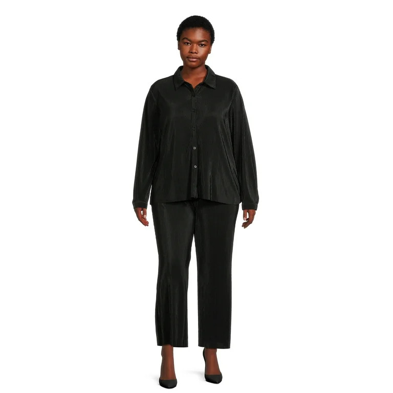 Nine.Eight Women's Plus Size Crinkle Cut Shirt & Pull On Pant Set | Walmart (US)