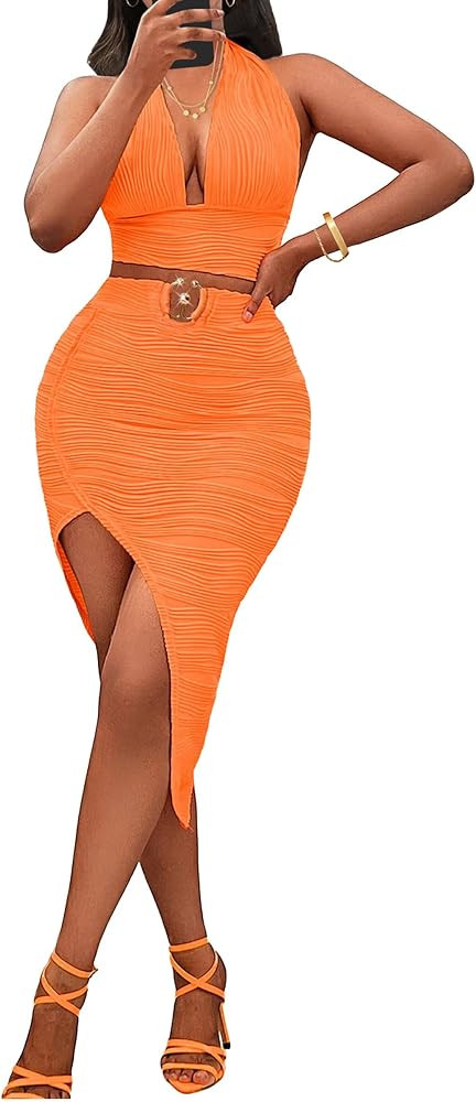 Adogirl Women Two Piece Skirt Outfits Sexy Halter V Neck Backless Crop Top Bodycon Irregular Skir... | Amazon (US)