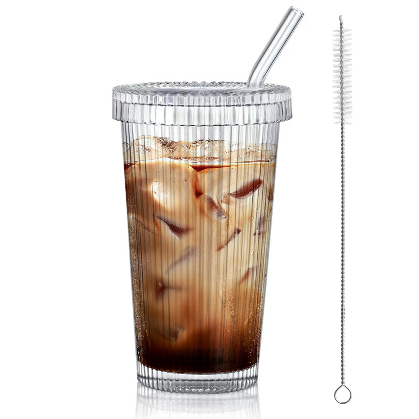 13oz Clear Iced Coffee Cups with Lids, Clear Glass Tumbler with Straw & Lid, Ribbed Glassware Cup... | Amazon (US)