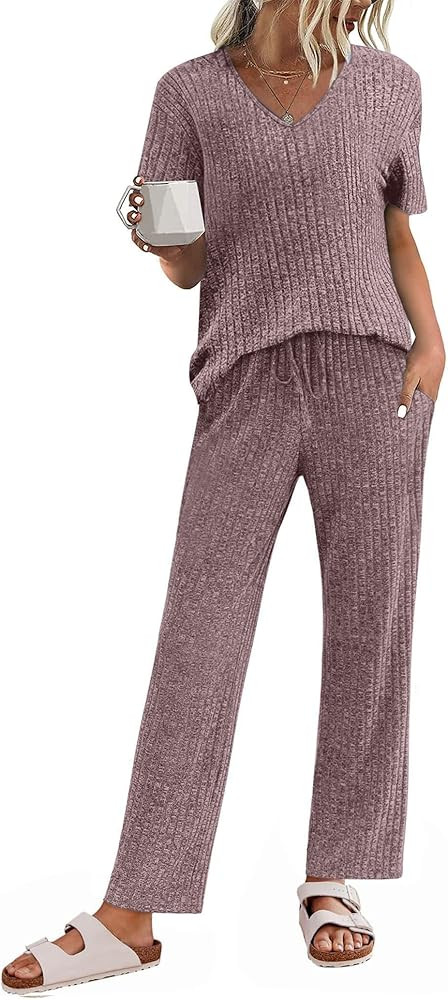 JiniGolla Women's Ribbed Knit Pajama Set 2 Piece Matching Pj Set Short Sleeve Top and Pants Loung... | Amazon (US)