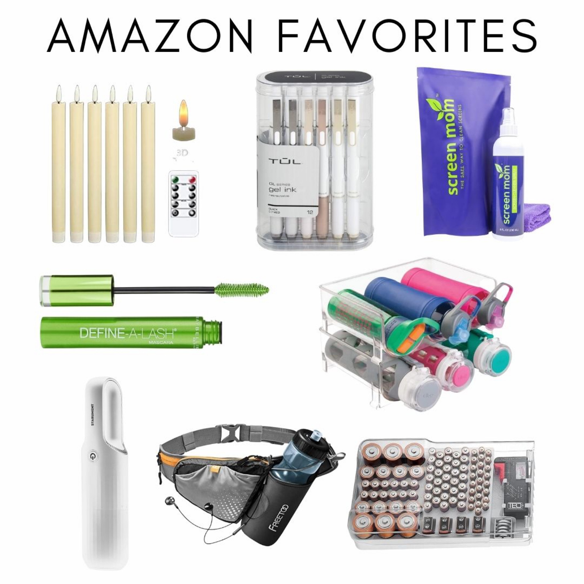 Amazon favorites 
Battery operated candles 
Gel pens 
Screen cleaner 
Water bottle holder 
Mascara 
Battery organizer 


#LTKhome #LTKFind #LTKGiftGuide
