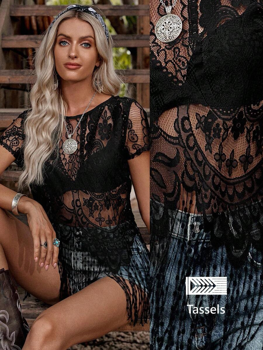 LanaWest Women Sexy Sheer Lace Fringe Hem Top For Summer Vacation | SHEIN