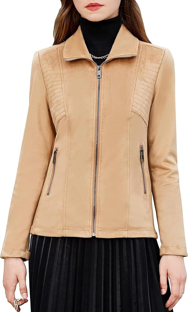 S P Y M Womens Faux Leather Jacket, Casual Fashion Quilted Zip Up Suede Coat With Elastic Rib | Amazon (CA)