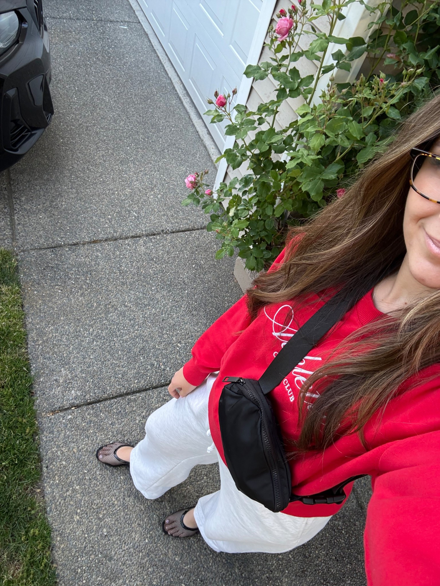 Red sport club sweater target 
Grey sweats H&M
Mesh black flats
Lululemon belt bag black
Tortoiseshell glasses 
Cross necklace 
Comfortable mom ootd 

#LTKShoeCrush #LTKStyleTip #LTKActive