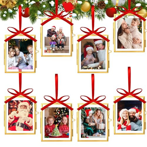 Qunclay 8 Set Christmas Vintage Brass Glass Photo Ornaments with Locket Closure Antique Gold Ornament Frames 2.52"x 3.15" Rectangle Glass Hanging Picture Frame for Christmas Home Party Decor | Amazon (US)