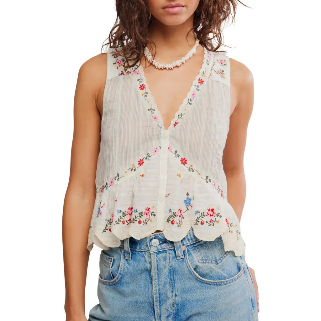 Free People Ellis Embroidered Cotton Button-Up Top in Tea Combo at Nordstrom, Size Medium | Nordstrom