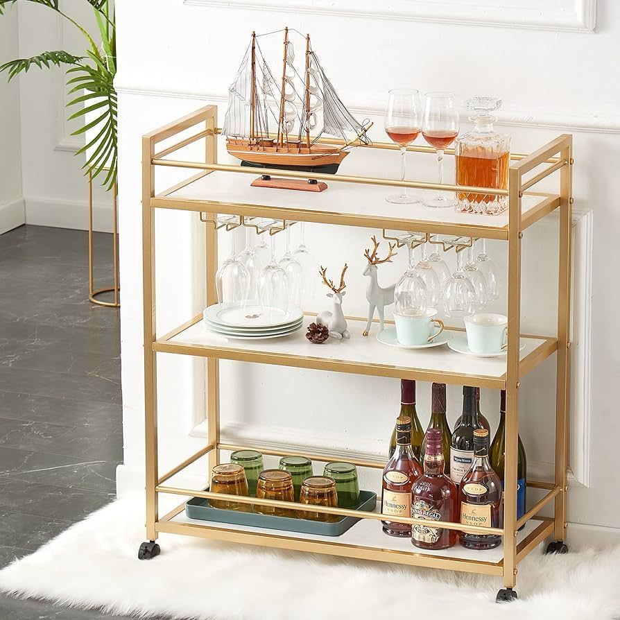 GOLASON Gold Bar Cart with 3 Shelves, Wine Glass Bottle Storage Bar Serving Cart with Wheels for ... | Amazon (US)