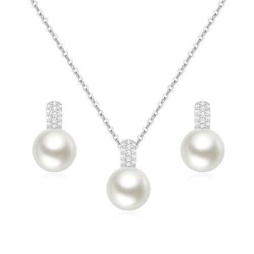 Pearl Earrings Necklace Set Silver Pearl Stud Earrings for Women Minimalist Pearl Earring Necklace Trendy Hypoallergenic Wedding Earrings for Women (Pearl Necklace Earrings Set-1) | Amazon (US)