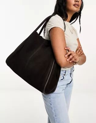 ASOS DESIGN suede tote bag with tubular piping in dark chocolate brown | ASOS (Global)