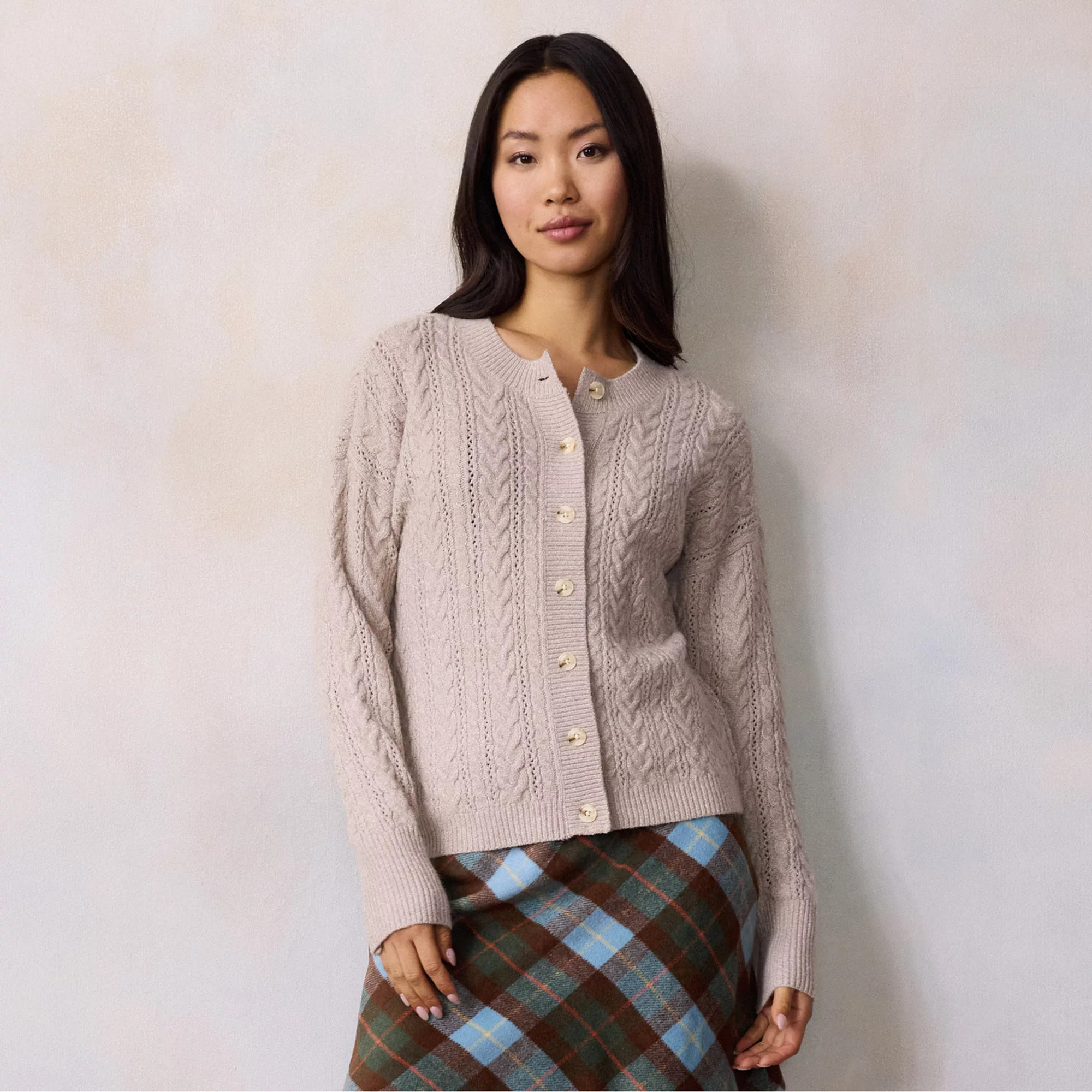 Women's LC Lauren Conrad Crewneck Pointelle Cable Sweater Cardigan, Size: Medium, Black Olive | Kohl's