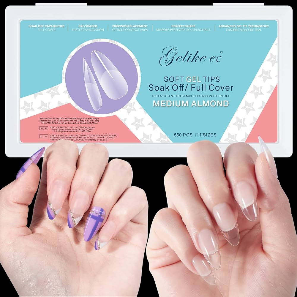 Gelike EC Soft Gel Full Cover Nail Tips Kit for Soak Off Nail Extensions, 550 Pcs Clear Medium Al... | Amazon (US)